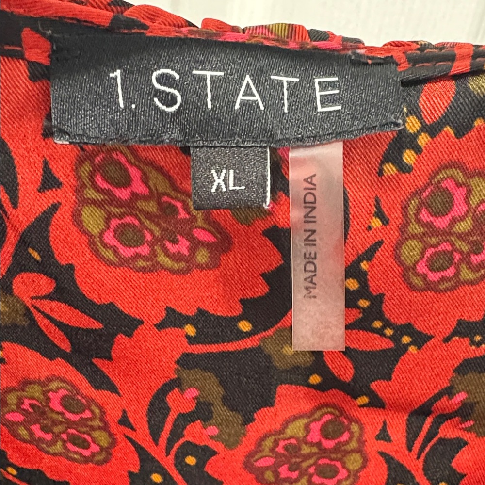 1. State Scarlet and Ebony Patterned Ruffle Blouse - Picture 8 of 13